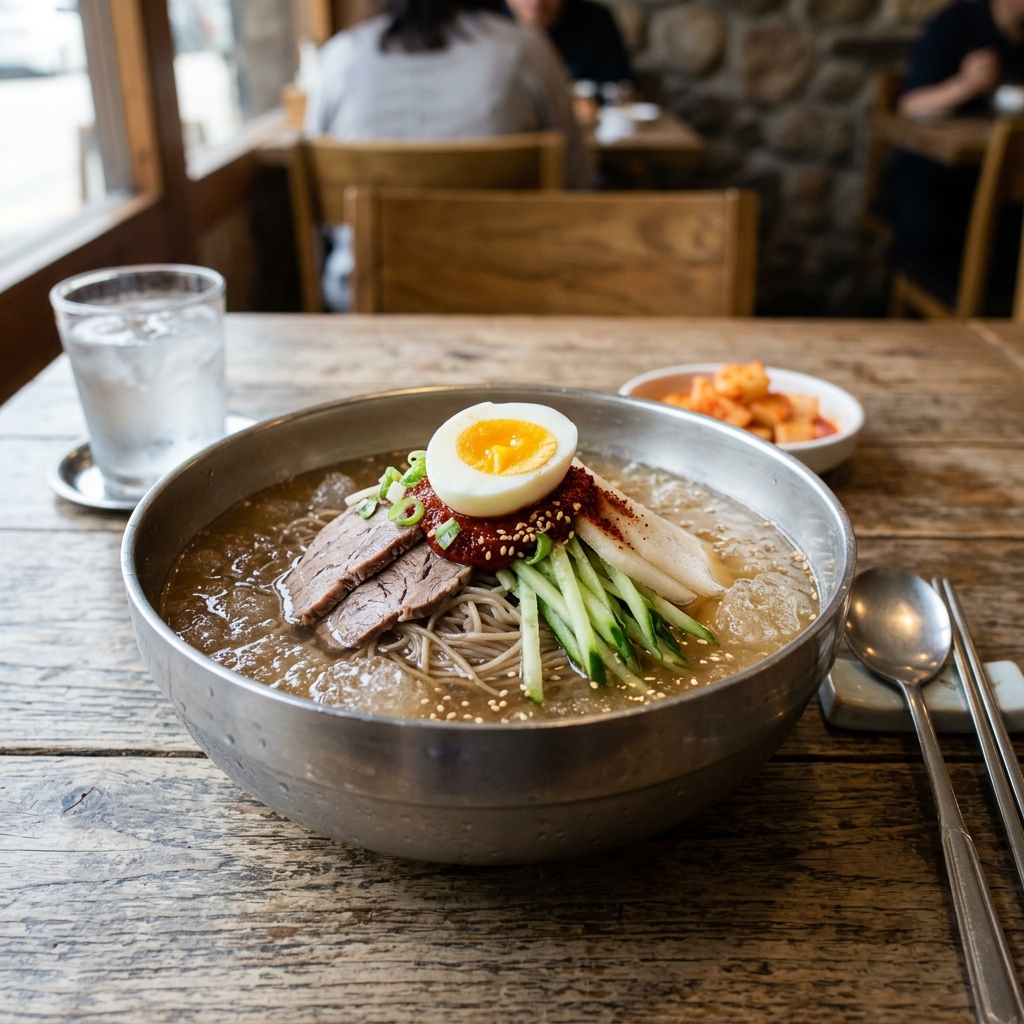 살얼음 띄운 시원한 육수와 쫄깃한 면발, 냉면 (Naengmyeon)